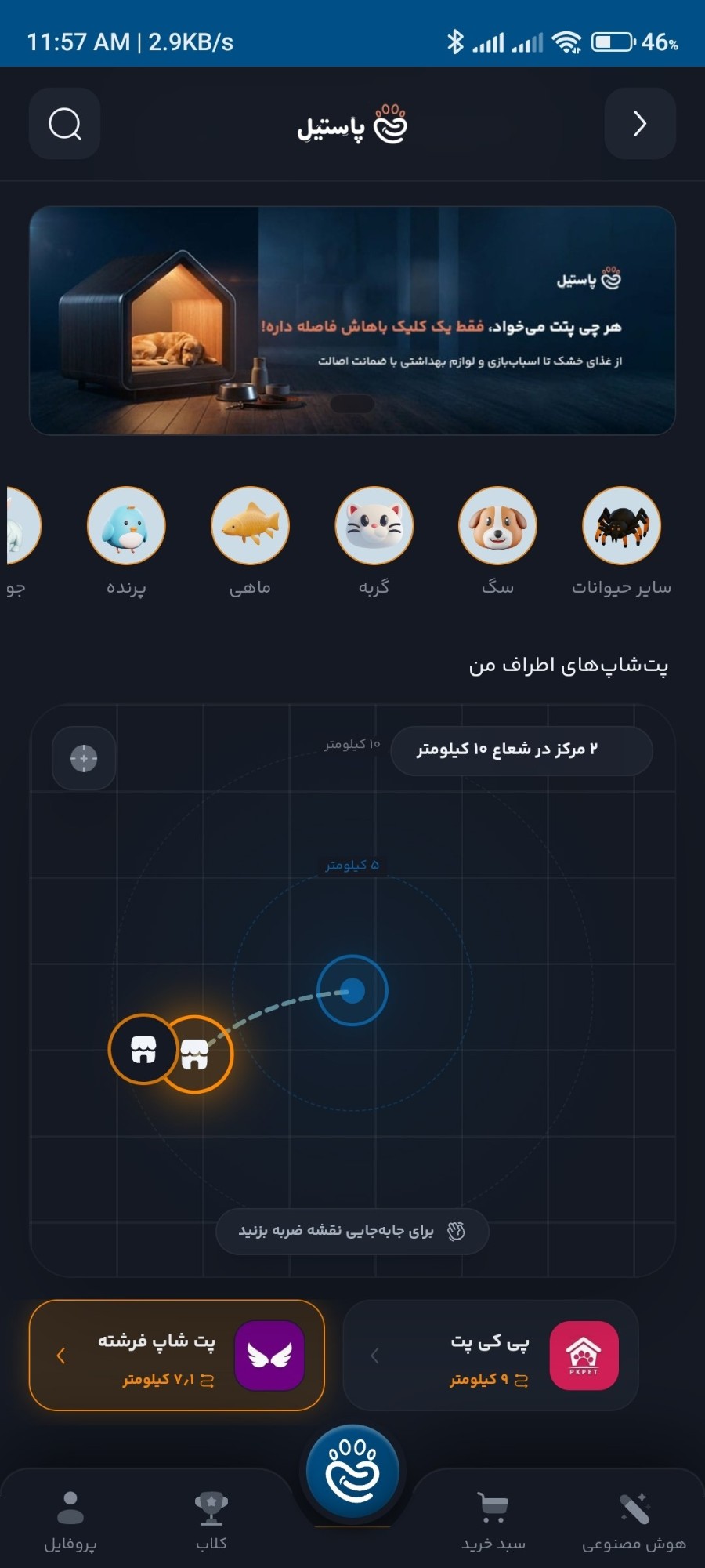 صفحهٔ پت شاپ در اپلیکیشن پاستیل